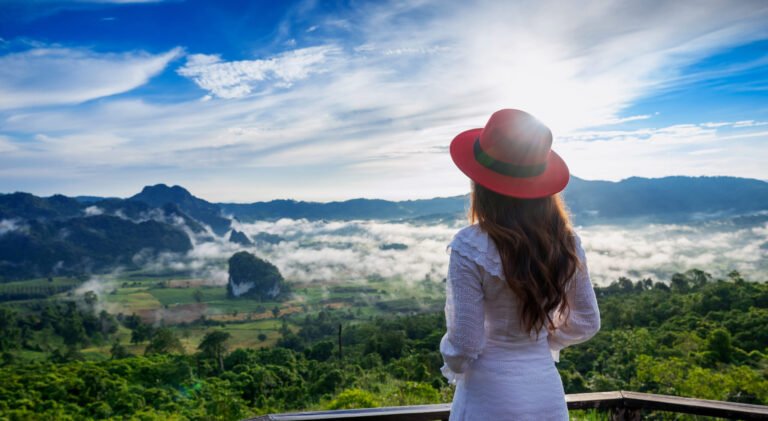 Woman standing on Phu Lang Ka, Phayao in Thailand